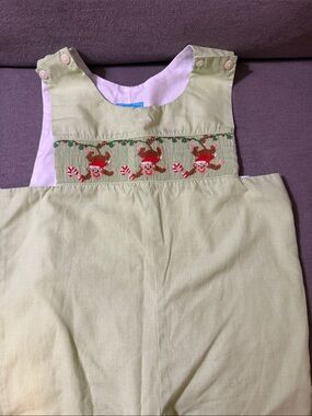 Green Smocked Holiday Romper with Candy Cane Monkeys